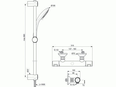 CERATHERM T25 Sprchová nástenná termostatická batéria, so sprchovou kombináciou tyč 90 cm, A7204AA