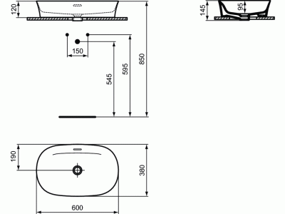 IPALYSS Umývadlo na dosku ovál 60x38 cm s prepadovým otvorom, bez otvoru pre batériu, E139701