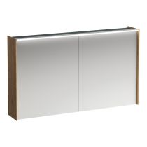 LAUFEN LANI Zrkadlová skrinka, 1200 mm, 2 dvere, s vodorovným LED osvetlením, 2 sklenené poličky, el. zásuvka, 1220x210x715 mm, Divoký dub 267, H4038221122671