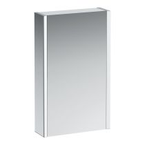 LAUFEN FRAME 25 Zrkadlová skrinka, hliníková, s 2 LED osvetľovacími prvkami a spodným ambient osvetlením, s EÚ zásuvkami, so senzorovým vypínačom, ľavé dvere, 450x150x750 mm, Biela lesklá 145, H4083519001451