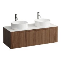 LAUFEN ARUN Zásuvkový element 1200, s 1 zásuvkou, s výrezom vľavo a vpravo, s vrchnou doskou Ardesia Bianca vr. otvoru pre batériu, 1205x505x390 mm, Noce Canaletto – drevená dyha 630, H4141291516301