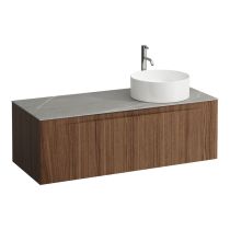 LAUFEN ARUN Zásuvkový element 1200, s 1 zásuvkou, s výrezom vpravo, s vrchnou doskou Piasentina Grigio vr. otvoru pre batériu, 1205x505x390 mm, Noce Canaletto – drevená dyha 630, H4161271516301