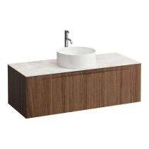 LAUFEN ARUN Zásuvkový element 1200, s 1 zásuvkou, s výrezom uprostred, s vrchnou doskou Botticino Crema vr. otvoru pre batériu, 1205x505x390 mm, Noce Canaletto – drevená dyha 630, H4171251516301