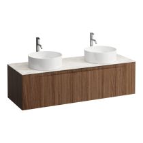 LAUFEN ARUN Zásuvkový element 1400, s 2 zásuvkami, s výrezom vľavo a vpravo, s vrchnou doskou Botticino Crema vr. otvoru pre batériu, 1405x505x390 mm, Noce Canaletto – drevená dyha 630, H4171391516301