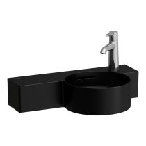 LAUFEN VAL Okrúhle umývadielko, s odkladacou plochou vľavo s jedným otvrom pre batériu vpravo, s prepadom, rezané na jednej strane, SaphirKeramik, 550x315 mm, farba Čierna matná, H8152847168121