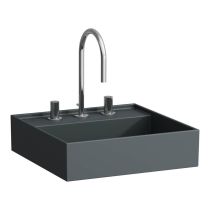LAUFEN Kartell LAUFEN Umývadielko so skrytým odpadom, polička vľavo, brúsená spodná časť s tromi otvormi pre batériu, bez prepadu, SaphirKeramik, 460x460 mm, farba Grafit mat, H8183317581581