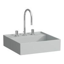 LAUFEN Kartell LAUFEN Umývadielko so skrytým odpadom, polička vľavo, brúsená spodná časť s tromi otvormi pre batériu, bez prepadu, SaphirKeramik, 460x460 mm, farba Šedá mat, H8183317591581