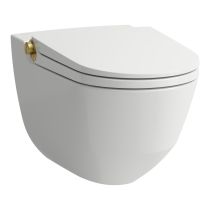 LAUFEN CLEANET RIVA Závesné WC rimless so zabudovanou bidetovou spŕškou, WC sedadlo s poklopom so spomaľovacím mechanizmom, diaľkový ovládač, Biela matná s brúsenou zlatou 762, 600x395 mm, H8206917620001
