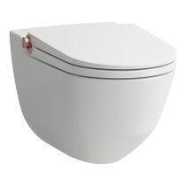 LAUFEN CLEANET RIVA Závesné WC rimless so zabudovanou bidetovou spŕškou, WC sedadlo s poklopom so spomaľovacím mechanizmom, diaľkový ovládač, Biela matná s brúsenou zlato-rúžovou 764, 600x395 mm, H8206917640001