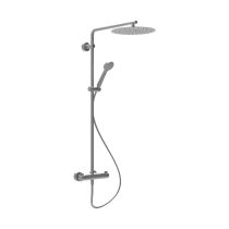 LAUFEN VIVID Sprchový stĺp, termostatická batéria, tenká hlavová sprcha s dažďovým efektom, priemer 300 mm, sprchová hadica 1500 mm a ručná sprcha, PVD inox kartáčovaná oceľ 423, HF905452423630