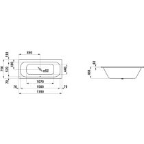 LAUFEN SOLUTIONS Obdĺžniková vaňa, vstavaná verzia, sanitárny akrylát, 1700x750x460 mm, H2235300000001