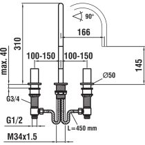 LAUFEN Kartell LAUFEN Umývadlová 3-otvorová batéria, otočné ramienko 165 mm, prietok 5,7 l/min, bez automatického výpustu, PVD kartáčovaná nerezová oceľ 090, H3123330902201