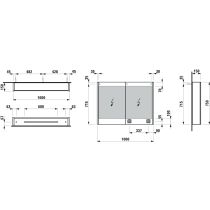 LAUFEN FRAME 25 Zrkadlová skrinka, hliníková, 2 dvojité zrkadlové dvere, s 2 LED osvetľovacími prvkami, s EÚ zásuvkami, so senzorovým vypínačom, 1000x150x750 mm, Zrkadlo 144, H4086039001441