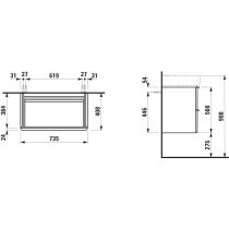 LAUFEN SPACE Skrinka pod umývadlo, s 2 zásuvkami, pre umývadlo 810285, 735x410x520 mm, Tmavý brest, tmavohnedá hliníková rúčka 103, H4101821601031