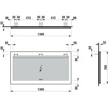 LAUFEN LEELO Zrkadlo, 1300 mm v hliníkovom ráme, s vodorovným LED osvetlením a priestorovým osvetlením, 3 dotykové senzory (Zap-Vyp/Stmievanie/Zmena farebnej teploty 2700 - 6000 K), IP44, 1300x700 mm, Zrkadlo 144, H4476839501441