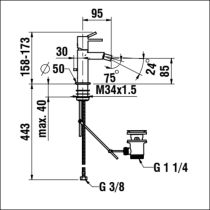 LAUFEN MEDA Bidet mixer, projection 95 mm, fixed spout, with pop-up waste, chrome, Chróm 100, HF506610100000