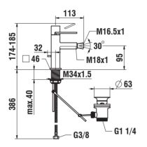 LAUFEN QUADRIGA Bidetová páková batéria, pevný výtok, s automatickým výpustom, Chróm 100, HF901110100000
