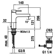 LAUFEN TWINPLUS Umývadlová páková batéria s výtokom 140 mm, prietok 5,7 l / min, s automatickou výpusťou, Chróm 100, HF905403100000