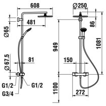 LAUFEN VIVID Sprchový sloup, termostatická baterie, chrom, hlavová sprcha 250 mm ABS, ruční sprcha MyTwin100 - 1 funkce, sprchová hadice 160 cm, Chróm 100, HF905452100625