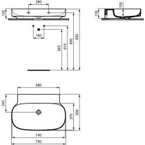 LINDA-X Umývadlo nástenné75x50 cm, bez otvoru pre batériu, T439801