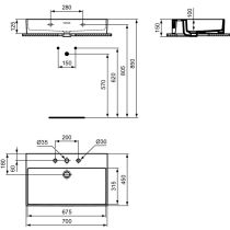 EXTRA Umývadlo 70x45 cm, s 3 otvormi pre batériu, farba biela lesklá ideal plus, s prepadovým otvorom, T3892MA