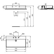EXTRA Umývadlo 80x45 cm, s 3 otvormi pre batériu, farba biela lesklá ideal plus, s prepadovým otvorom, T3900MA