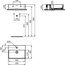 EXTRA Umývadielko 45x35 cm, s  otvorom pre batériu, farba biela lesklá, s prepadovým otvorom, T373201