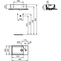 EXTRA Umývadielko 45x25 cm, s  otvorom pre batériu v Pravo, farba biela lesklá, s prepadovým otvorom, T373401