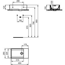 EXTRA Umývadielko 45x25 cm, odkladacia plocha v Pravo, farba biela lesklá, s prepadovým otvorom, T392401