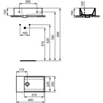EXTRA Umývadielko 45x25 cm, odkladacia plocha v Ľavo, farba biela lesklá, s prepadovým otvorom, T392101