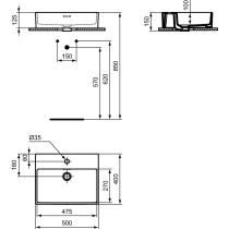 EXTRA Umývadlo na dosku 60x40 cm, farba biela lesklá ideal plus, s otvorom pre batériu, s prepadovým otvorom, T3741MA