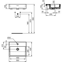 EXTRA Umývadlo polozáputné 50x42 cm, farba biela lesklá ideal plus, s otvorom pre batériu, s prepadovým otvorom, T3735MA