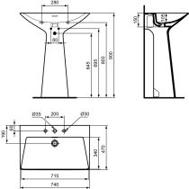 TIPO-Z Umývadlo voľne stojacie freestanding 74x47 cm, s troma otvormi pre batériu, T4425V2