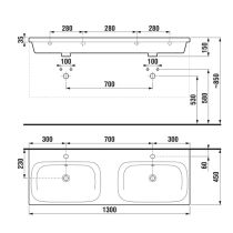 LAUFEN BASAL Dvojumývadlo s jedným otvorom pre batériu uprostred s prepadom, 1300x450 mm, farba Biela,  H8147140001311