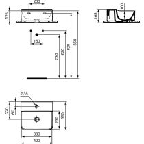CONCA Umývadielko 40x35 cm, s otvorom pre batériu, farba biela lesklá, bez prepadového otvoru, brúsená spodná hrana,T387801