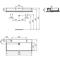 EXTRA Umývadlo 101,5x45 cm, s 2 otvormi pre batériu, farba biela lesklá, s prepadovým otvorom, R055001