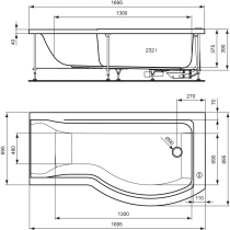 Connect vaňa akrylátová asymetrická+nohy Ľavá  170x90/70cm, čelný a bočný panel Ľavý 170 cm,  E020501,E025401