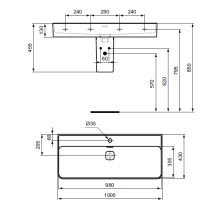STRADA II Umývadlo 100x43 cm, 2 otvory pre batériu, farba biela lesklá, T372401