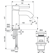 CERALINE Umývadlová batéria s Click-clack odpadovou garnitúrou a flexibilnými hadicami, BC822XG