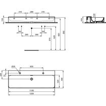 CONCA Umývadlo 120x45 cm, 2 otvory pre bat., bez prepad. otvoru, farba biela lesklá s IdealPlus, brúsená spod. hrana, T3844MA