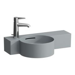 LAUFEN VAL Okrúhle umývadielko, s odkladacou plochou vpravo s jedným otvrom pre batériu vľavo, s prepadom, rezané na jednej strane, SaphirKeramik, 550x315 mm, farba Grafit mat, H8152837588111