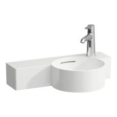 LAUFEN VAL Okrúhle umývadielko, s odkladacou plochou vľavo s jedným otvrom pre batériu vpravo, s prepadom, rezané na jednej strane, SaphirKeramik, 550x315 mm, farba Biela, H8152840008121