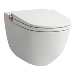 LAUFEN CLEANET RIVA Závesné WC rimless so zabudovanou bidetovou spŕškou, WC sedadlo s poklopom so spomaľovacím mechanizmom, diaľkový ovládač, LCC biela s brúsenou zlato-rúžovou 403, 600x395 mm, H8206914030001