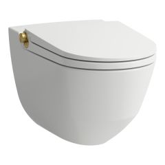 LAUFEN CLEANET RIVA Závesné WC rimless so zabudovanou bidetovou spŕškou, WC sedadlo s poklopom so spomaľovacím mechanizmom, diaľkový ovládač, Biela matná s brúsenou zlatou 762, 600x395 mm, H8206917620001
