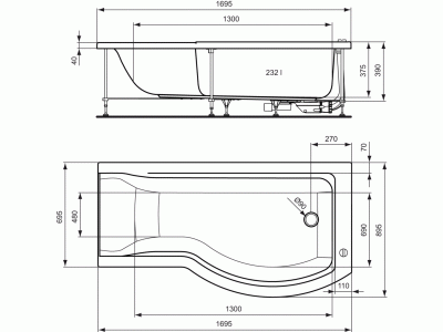 Connect vaňa akrylátová asymetrická+nohy Ľavá  170x90/70cm, čelný a bočný panel Ľavý 170 cm,  E020501,E025401