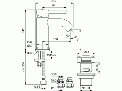 Ceraline umývadlová batéria  klik - klak odpadovou garnitúrou a flexibilnými hadicami, BC186