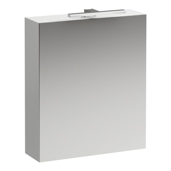 LAUFEN BASE Zrkadlová skrinka, pánty dvierok vpravo, osvetlenie, el. zástrčkou EU IP44, 600x185x700 mm, Biela lesklá 261, H4027521102611
