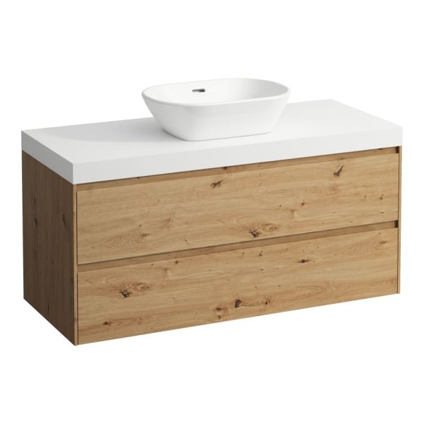LAUFEN LANI Modulárna zostava 1200, umývadlová doska 65 mm (.260 biela matná), s 1 výrezom uprostred, s 2 zásuvkami, 1185x495x580 mm, Divoký dub 267, H4045711122671