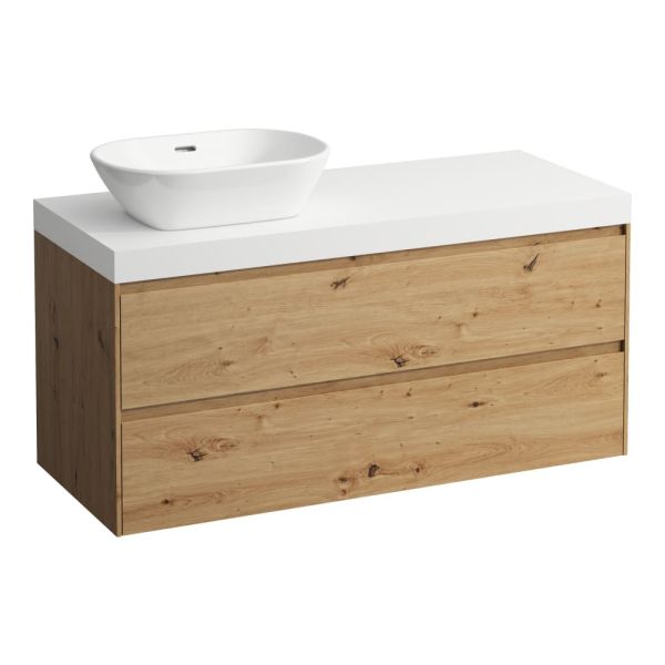 LAUFEN LANI Modulárna zostava 1200, umývadlová doska 65 mm (.260 biela matná), s výrezom vľavo, s 2 zásuvkami, 1185x495x580 mm, Divoký dub 267, H4045721122671