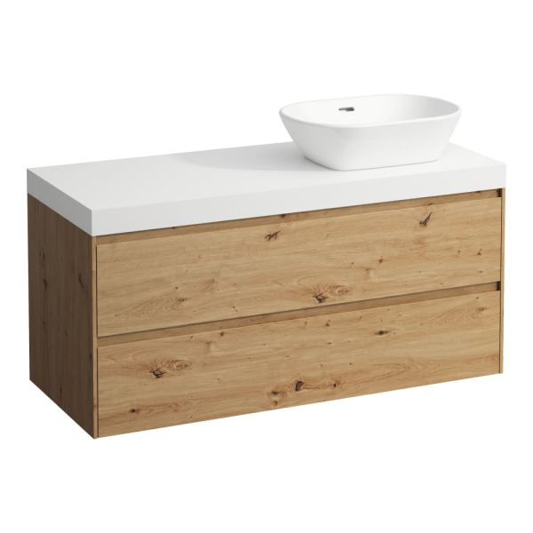 LAUFEN LANI Modulárna zostava 1200, umývadlová doska 65 mm (.260 biela matná), s výrezom vpravo, s 2 zásuvkami, 1185x495x580 mm, Divoký dub 267, H4045731122671